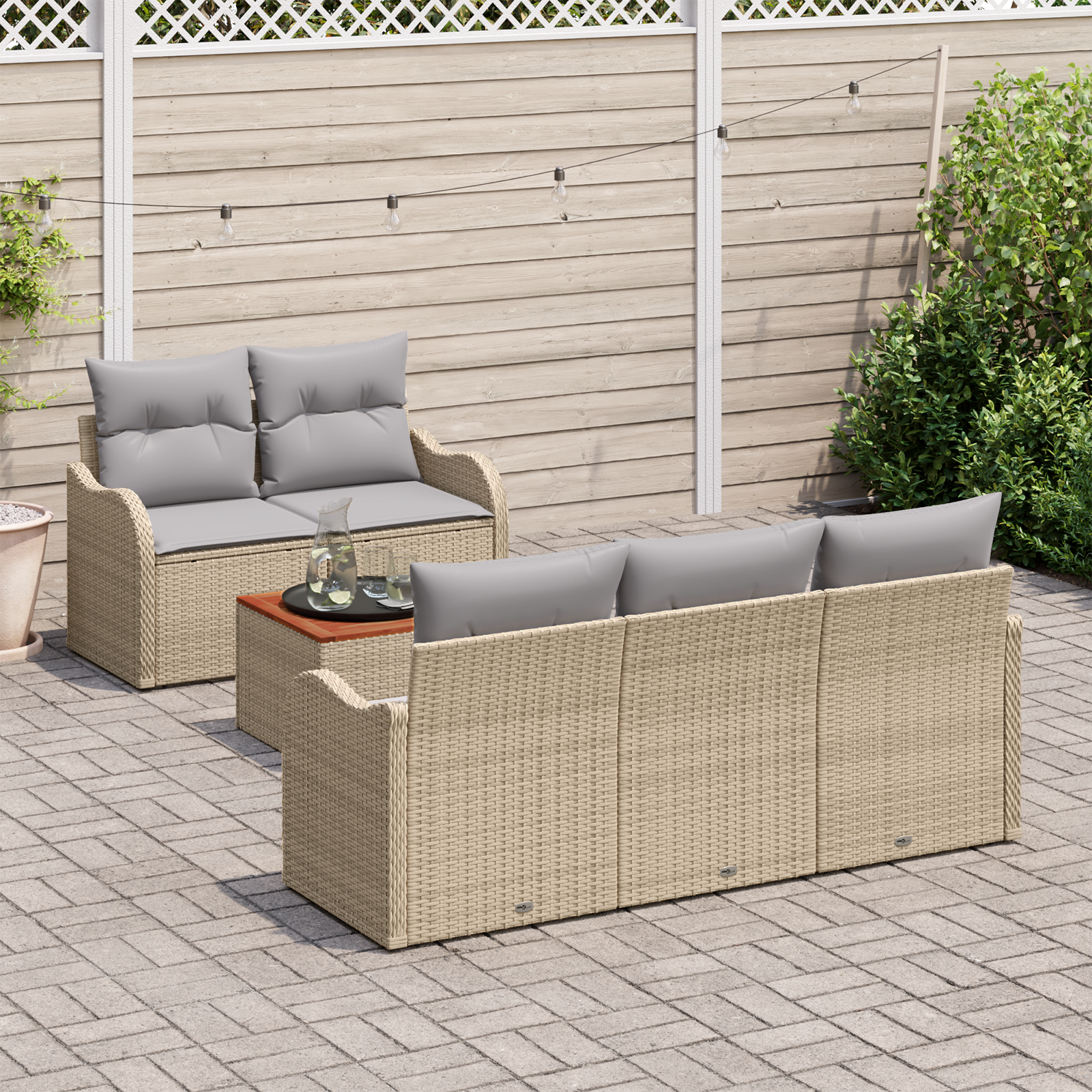 Set di Divano da Giardino  6 Pezzi con Cuscini Beige Polyrattan Acacia