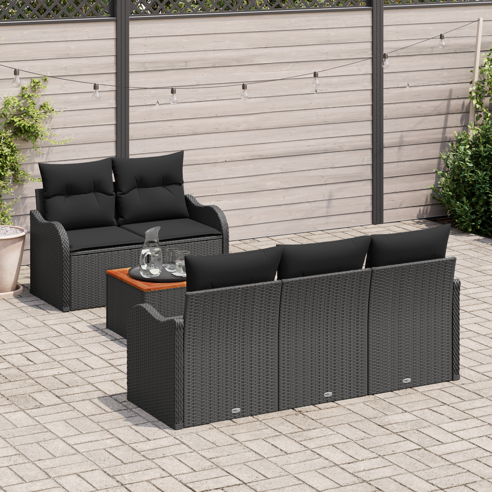 Set Divano Giardino 6 Pezzi con Cuscini Nero Rattan Poliestere Acacia