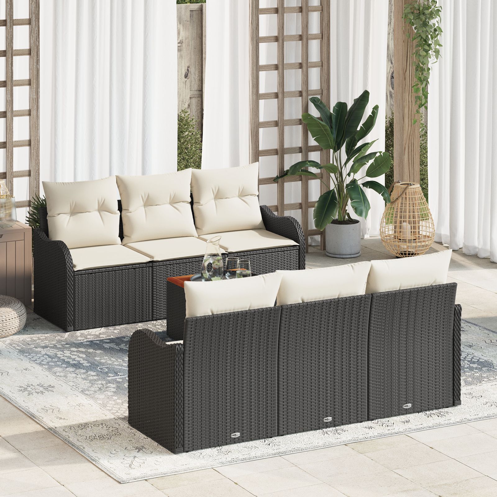 Set Divano da Giardino  7 Pezzi con Cuscini Rattan Poliestere Nero