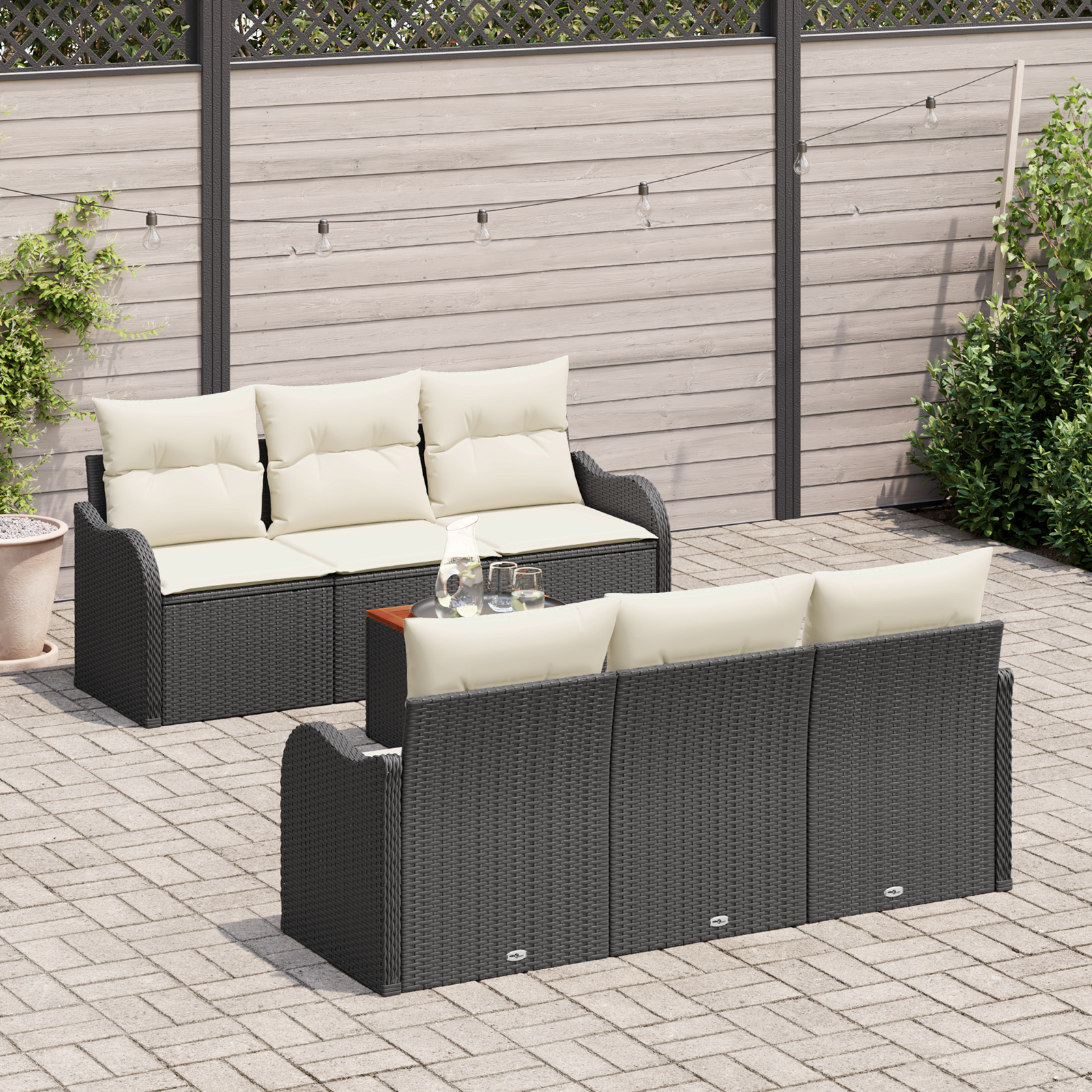 Set Divano da Giardino  7 Pezzi con Cuscini Rattan Poliestere Nero