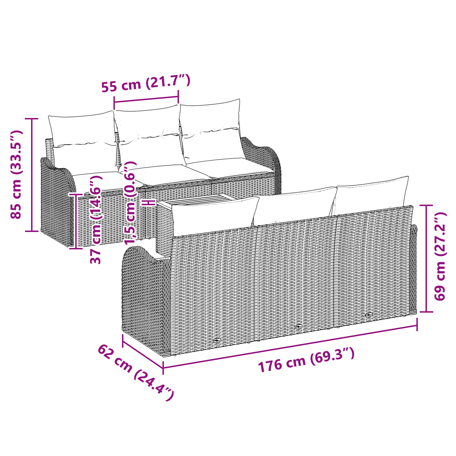 Set Divano da Giardino  7 Pezzi con Cuscini Rattan Poliestere Nero