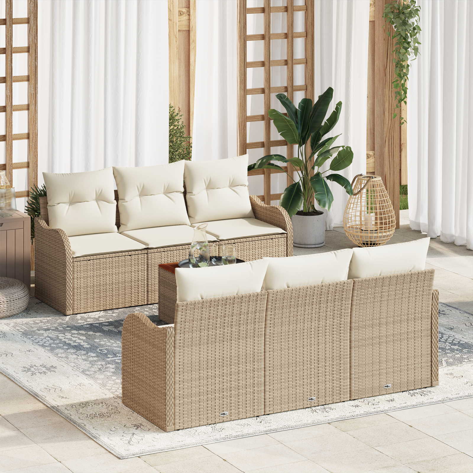 Set di divani da giardino 7 pezzi con cuscini beige polyrattan acacia