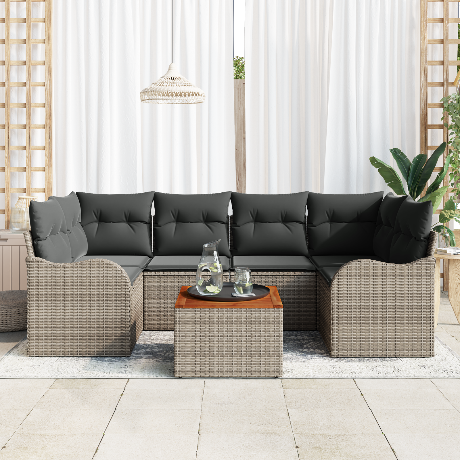 Set divani giardino  7 pezzi con cuscini Grigio Polyrattan Acacia