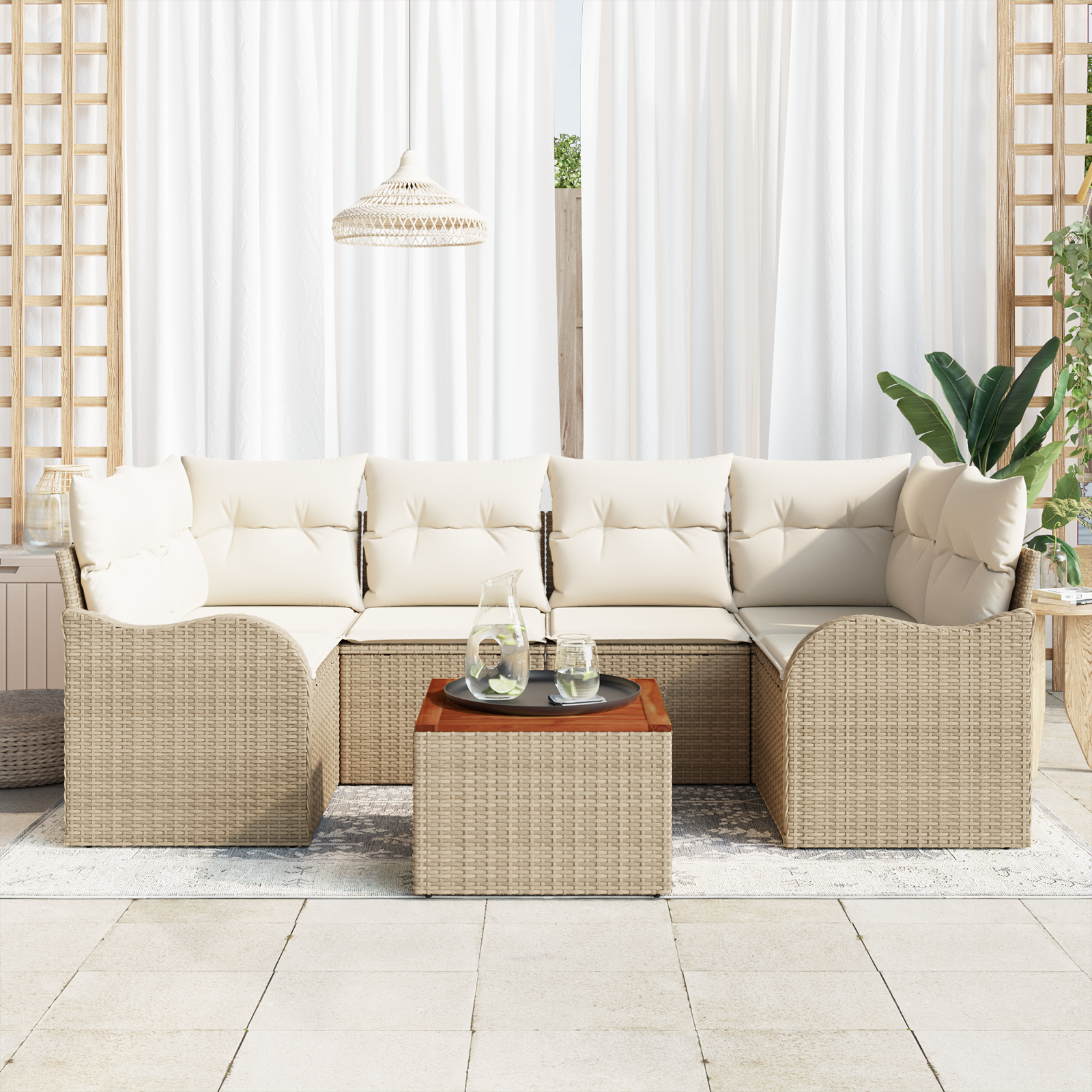Set Divano da Giardino  a 7 Pezzi con Cuscini Beige Polyrattan Acacia