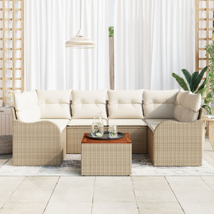 Set Divano da Giardino  a 7 Pezzi con Cuscini Beige Polyrattan Acacia