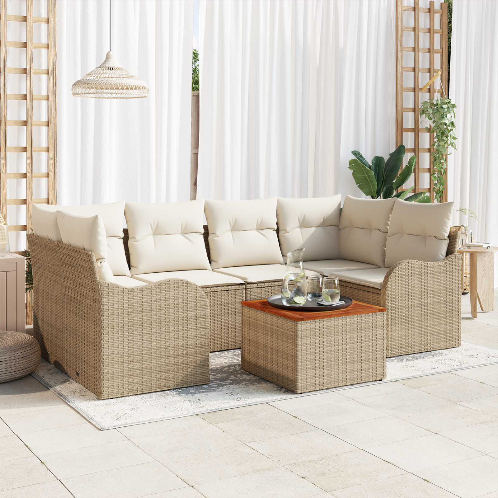 Set Divano da Giardino  a 7 Pezzi con Cuscini Beige Polyrattan Acacia