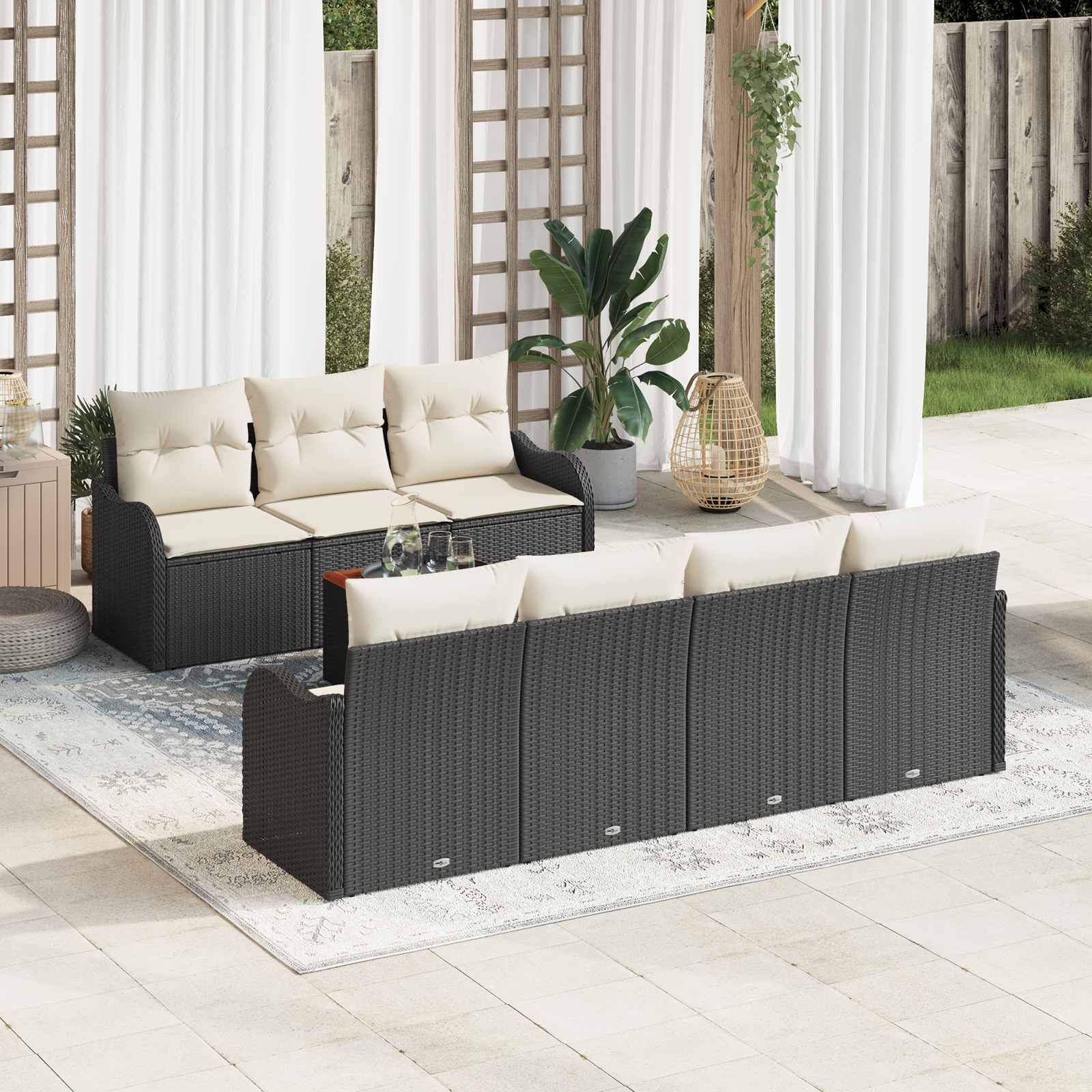 Set di divani da giardino 8 pezzi con cuscini in polyrattan nero e acacia