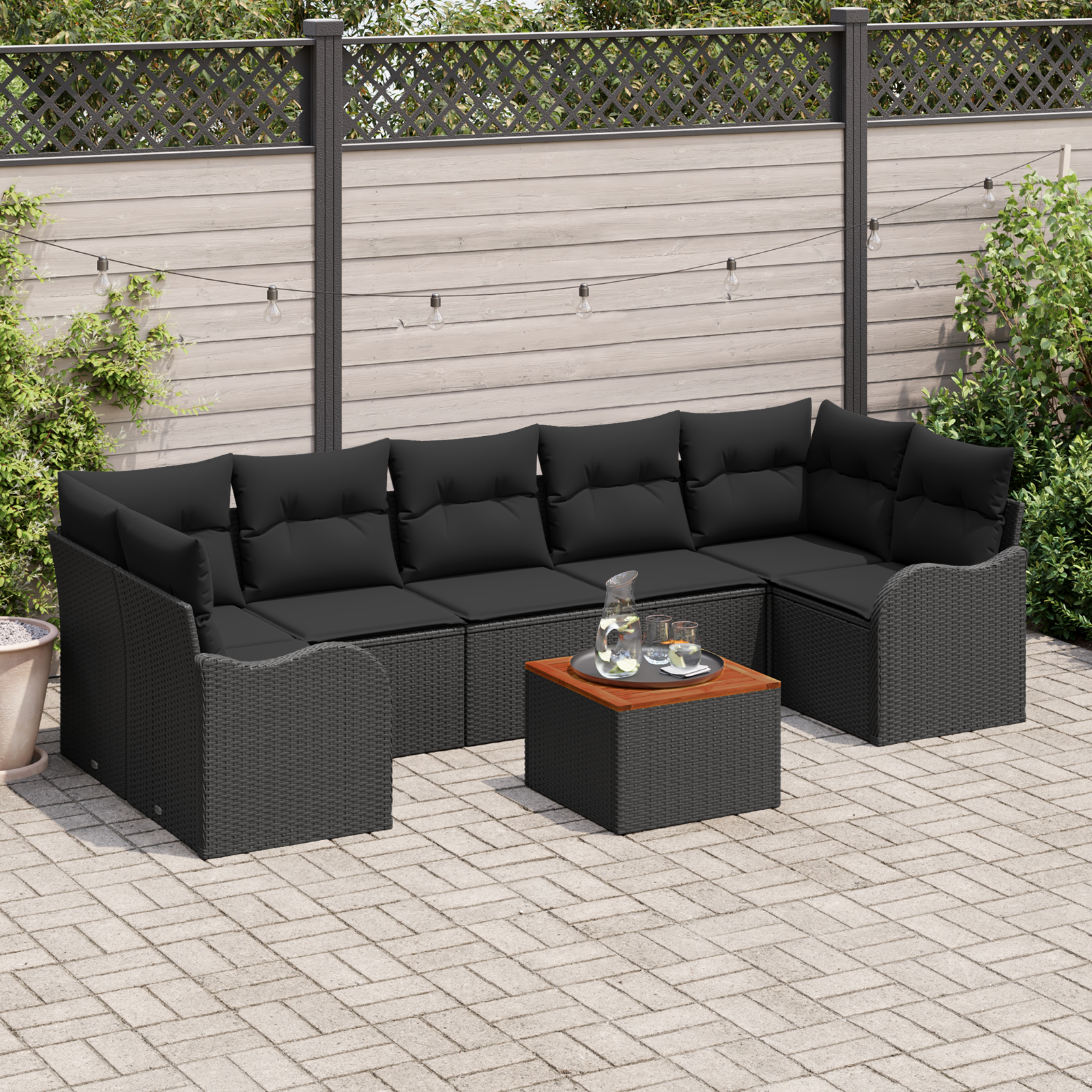 Set di divani da giardino  8 pezzi con cuscini neri in polyrattan e acacia