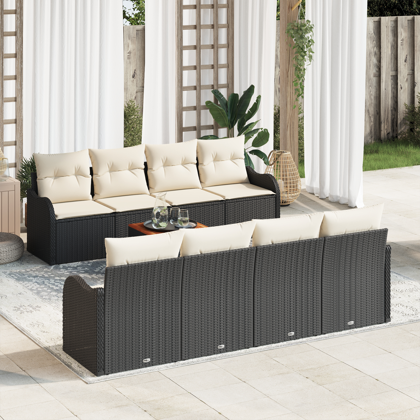 Set divani giardino 9 pezzi con cuscini neri in polyrattan e acacia