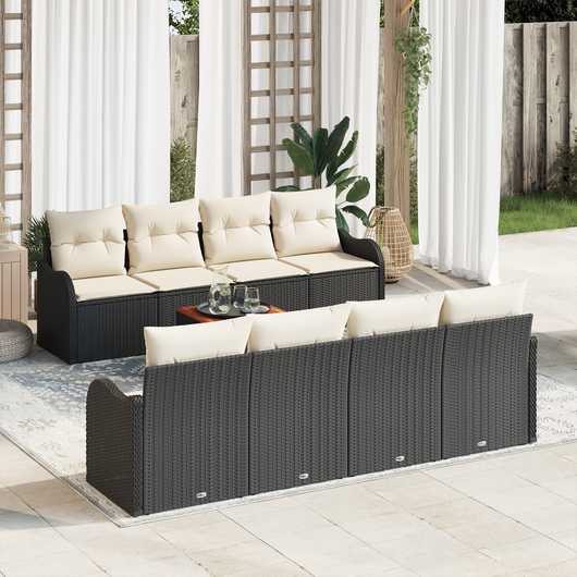 Set divani giardino 9 pezzi con cuscini neri in polyrattan e acacia