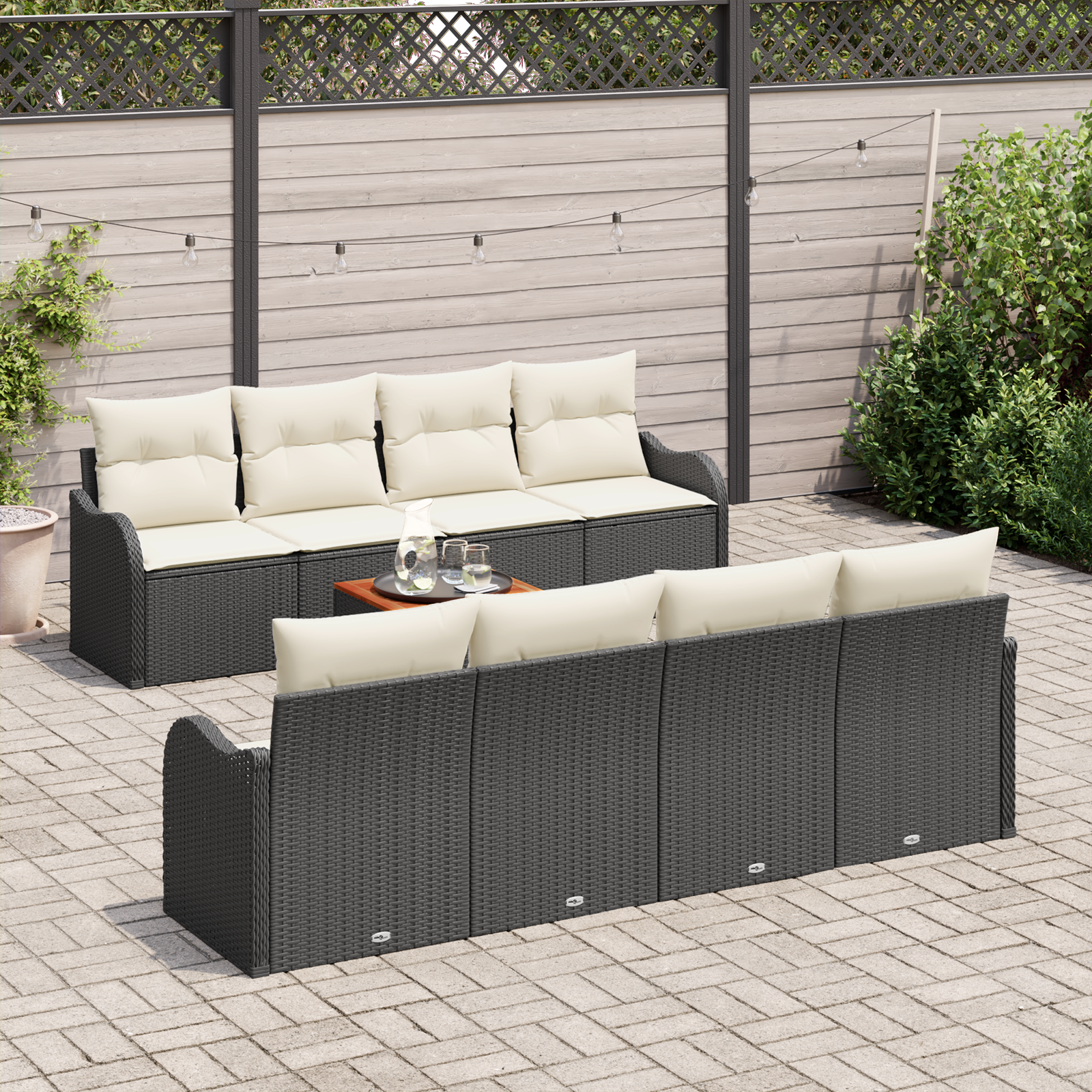 Set divani giardino 9 pezzi con cuscini neri in polyrattan e acacia