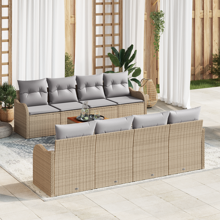 Set Divano da Giardino 9 Pezzi con Cuscini Beige Polyrattan Acacia