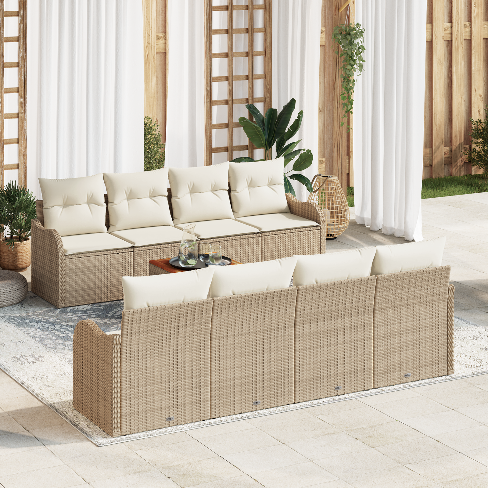 Set Divano da Giardino  9 Pezzi con Cuscini Beige Polyrattan Acacia