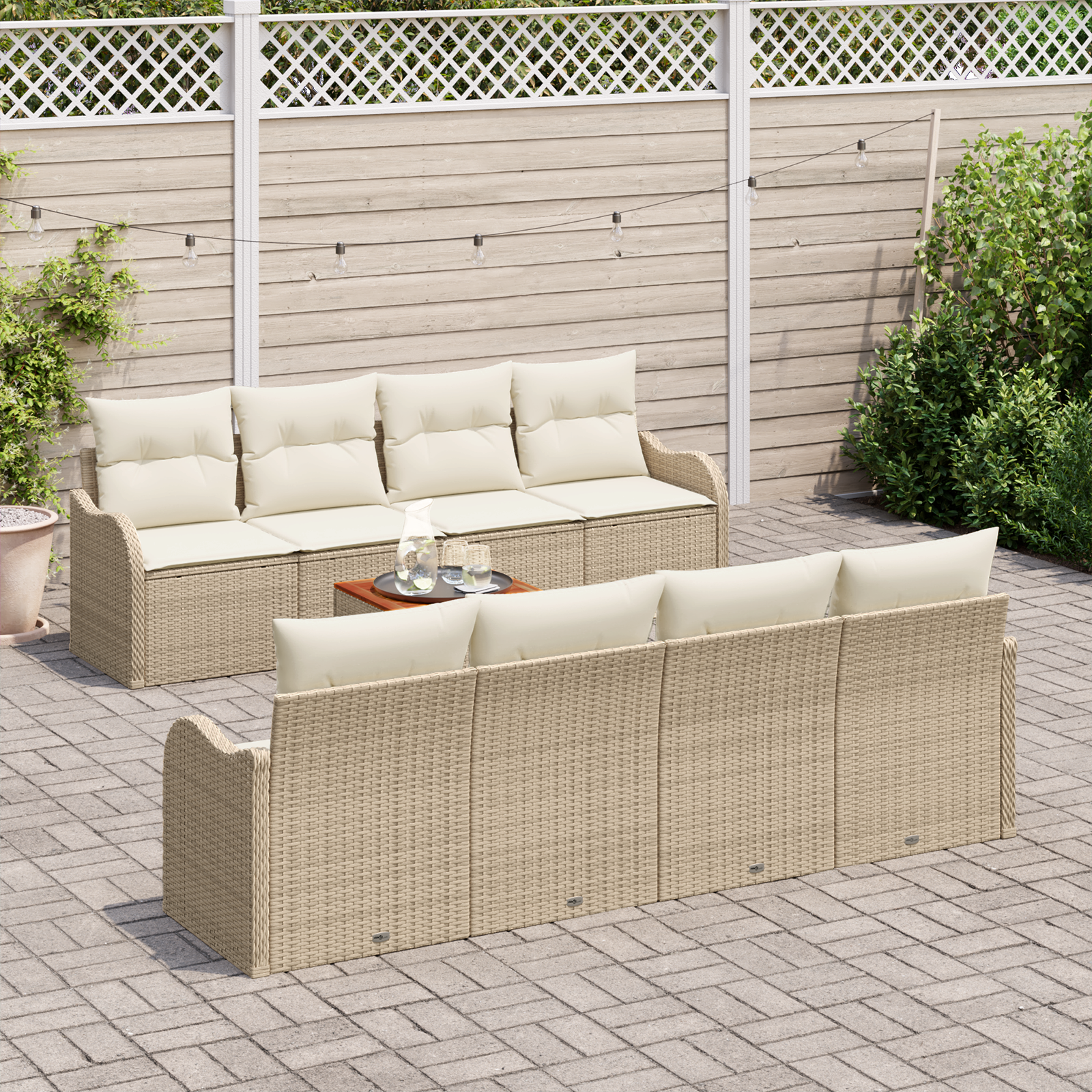 Set Divano da Giardino  9 Pezzi con Cuscini Beige Polyrattan Acacia