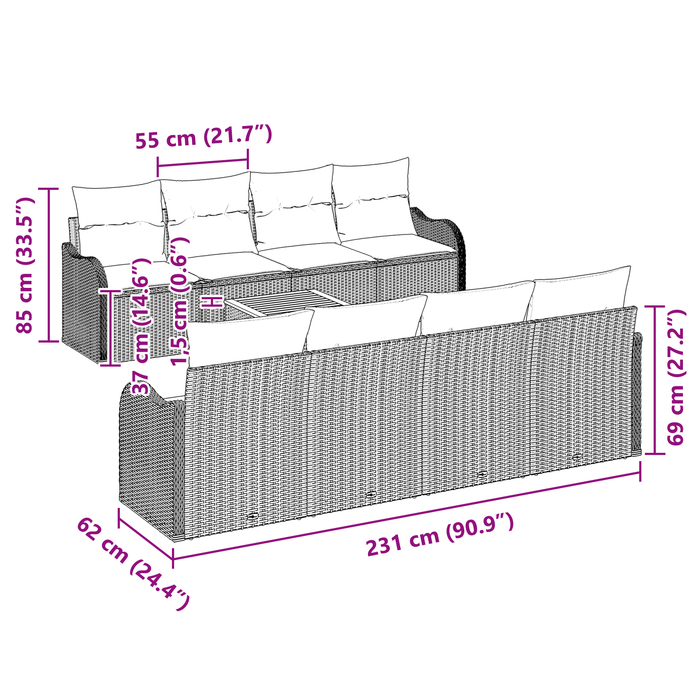 Set Divano da Giardino  9 Pezzi con Cuscini Beige Polyrattan Acacia