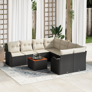 Set Divano da Giardino vitaXL 9 Pezzi con Cuscini Nero Polyrattan Acacia
