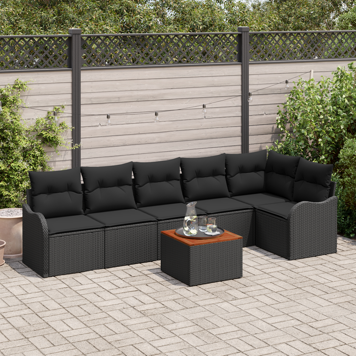 Set Divano da Giardino da 7 Pezzi con Cuscini Polyrattan Nero Acacia