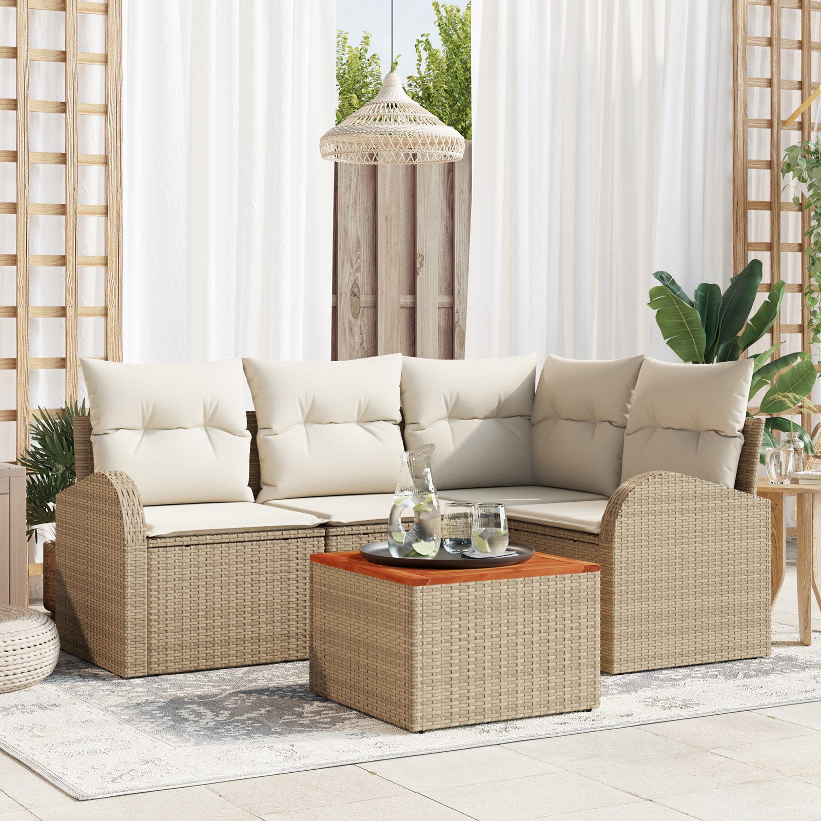 Set di Divani da Giardino con Cuscini Beige Polyrattan Acacia