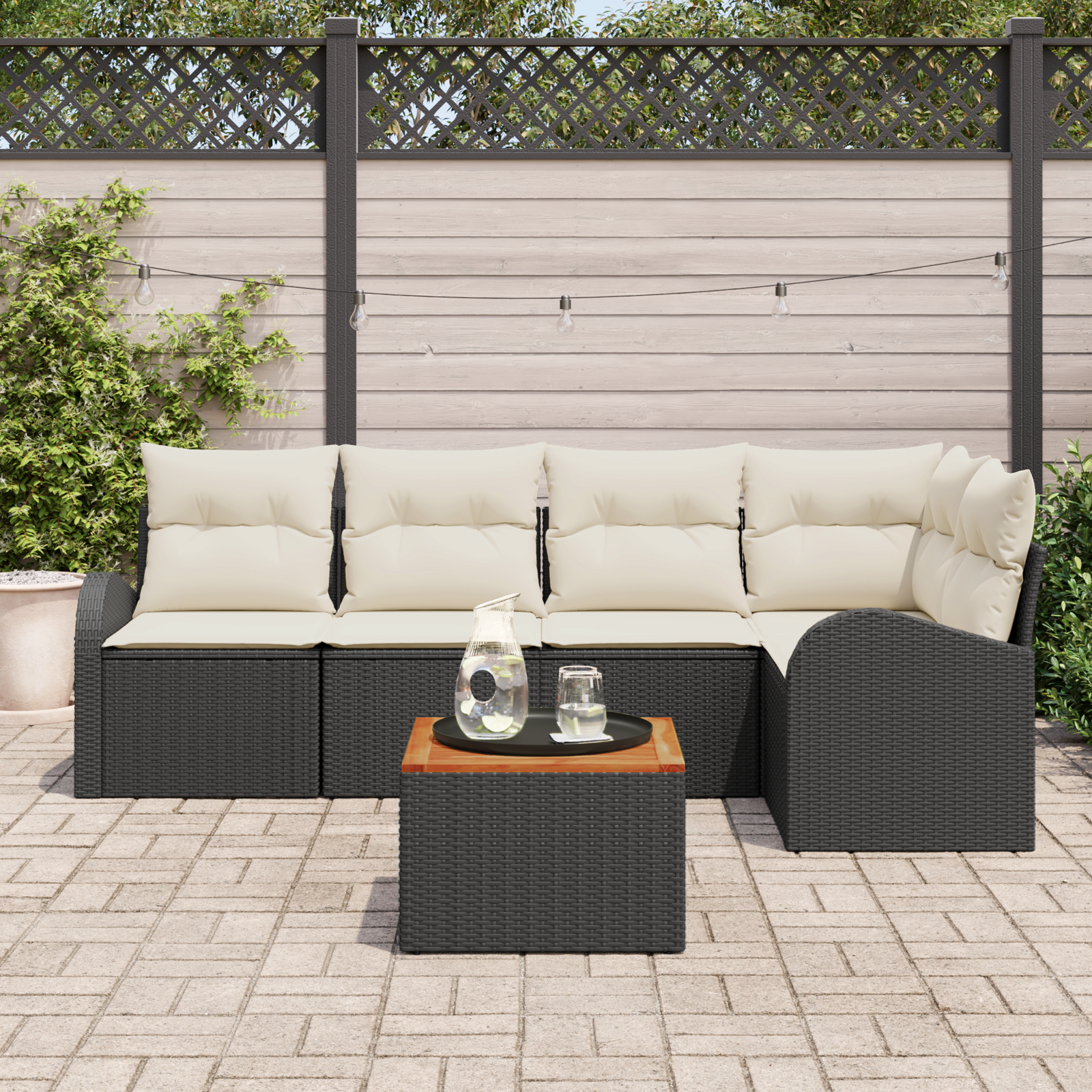 Set di Divani da Giardino a 6 Pezzi con Cuscini Nero Polyrattan Acacia