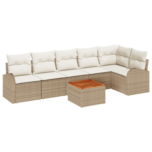 Set Divano da Giardino da 7 Pezzi con Cuscini Beige in Polyrattan e Acacia