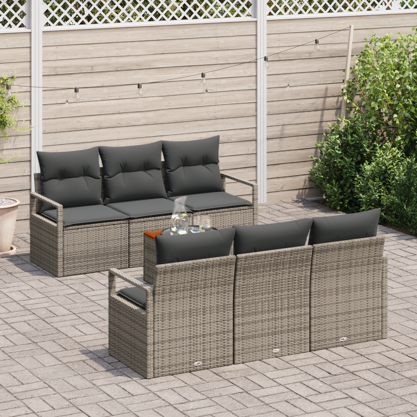 Set di Sofà da Giardino  a 7 Pezzi con Cuscini Grigio Rattan Polietilene Acacia