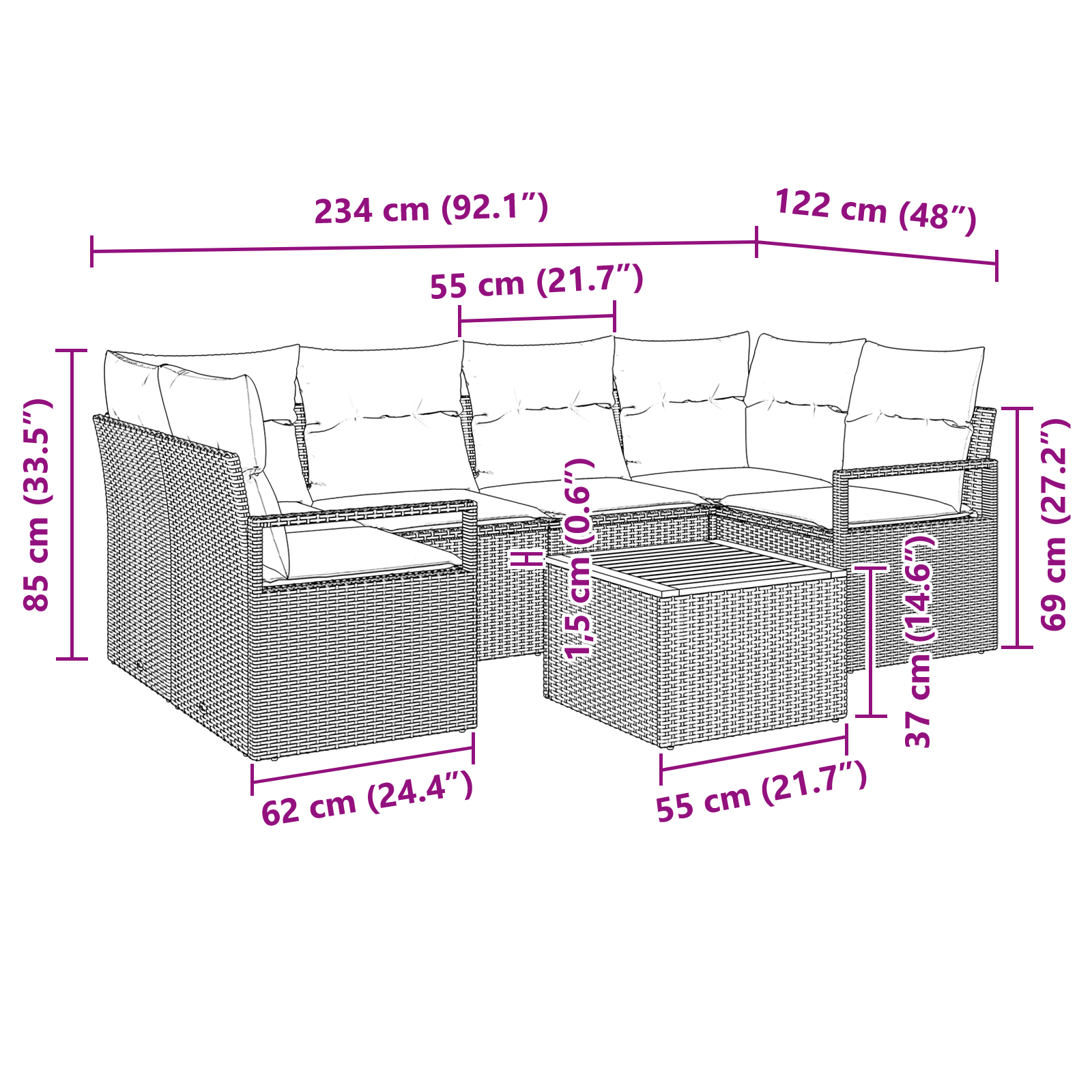 Set di Sofà da Giardino 7 Pezzi con Cuscini Rattan Polyrattan Nero Acacia