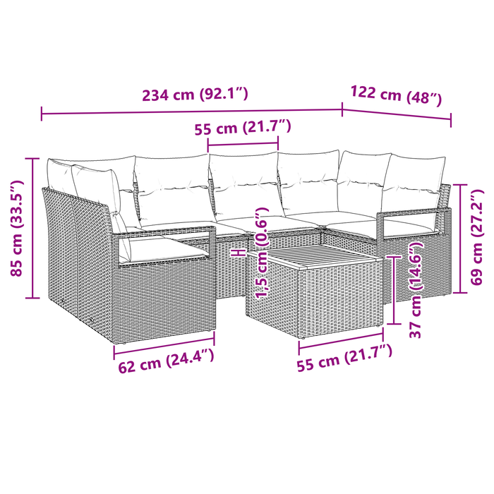 Set di Sofà da Giardino 7 Pezzi con Cuscini Rattan Polyrattan Nero Acacia