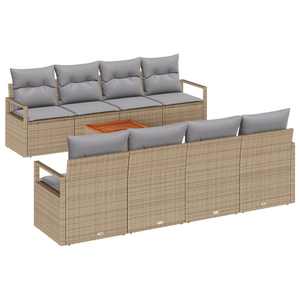 Set Divano da Giardino da 9 Pezzi con Cuscini Beige Polyrattan Acacia