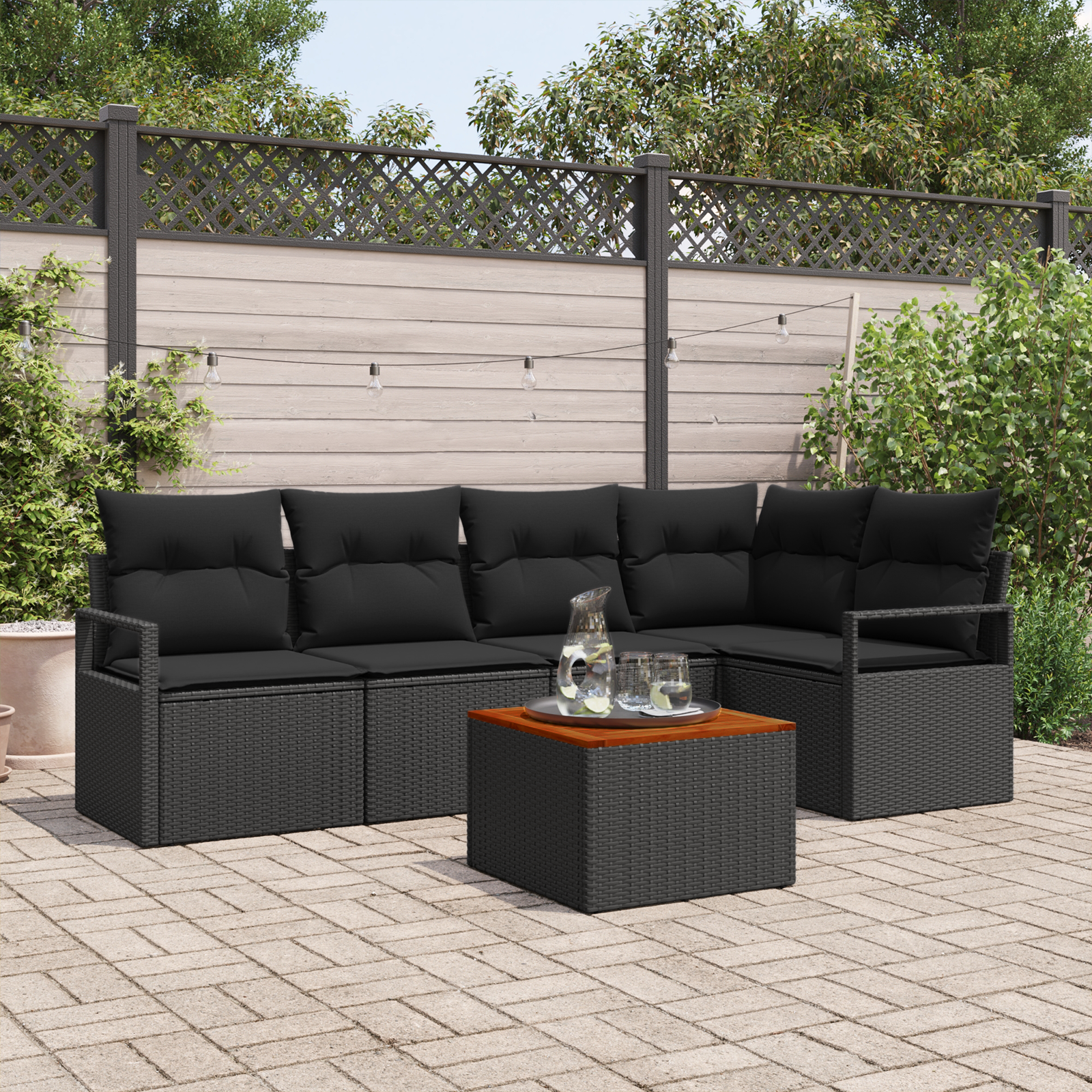 Set di Sofà da Giardino  a 6 Pezzi con Cuscini Nero Polyrattan Acacia