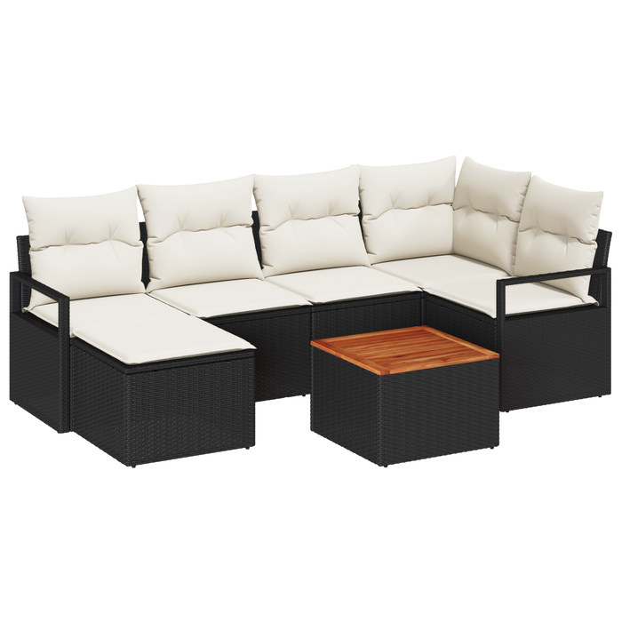 Set Divano da Giardino  7 Pezzi con Cuscini Nero Polyrattan Acacia