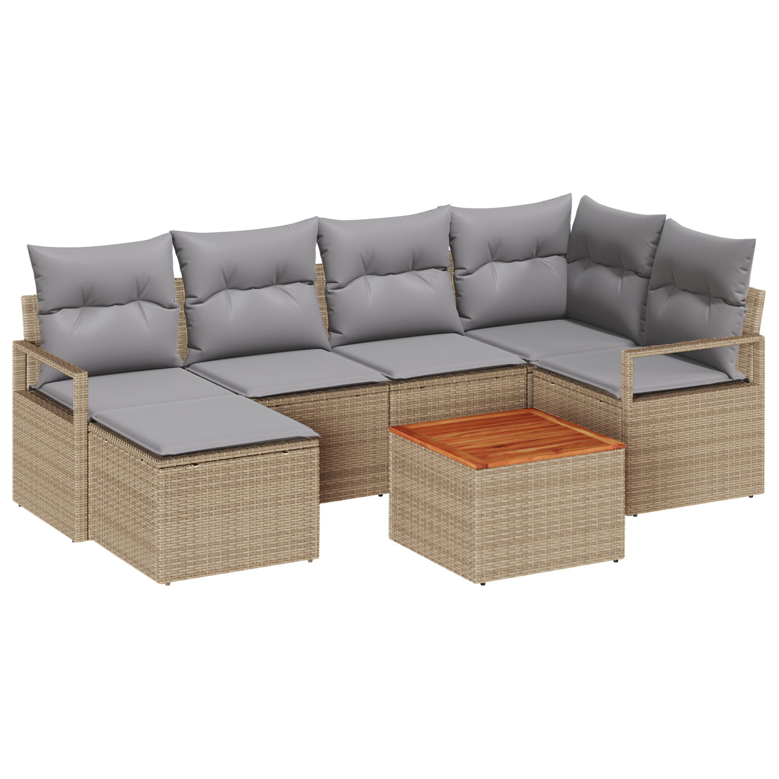 Set Divano da Giardino  7 Pezzi con Cuscini Beige Poly Rattan Acacia