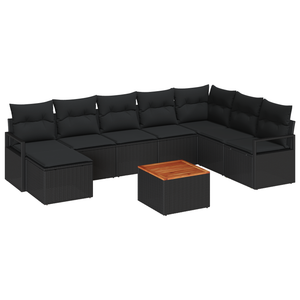 Set Divano da Giardino 9 Pezzi con Cuscini Rattan Nero Acacia