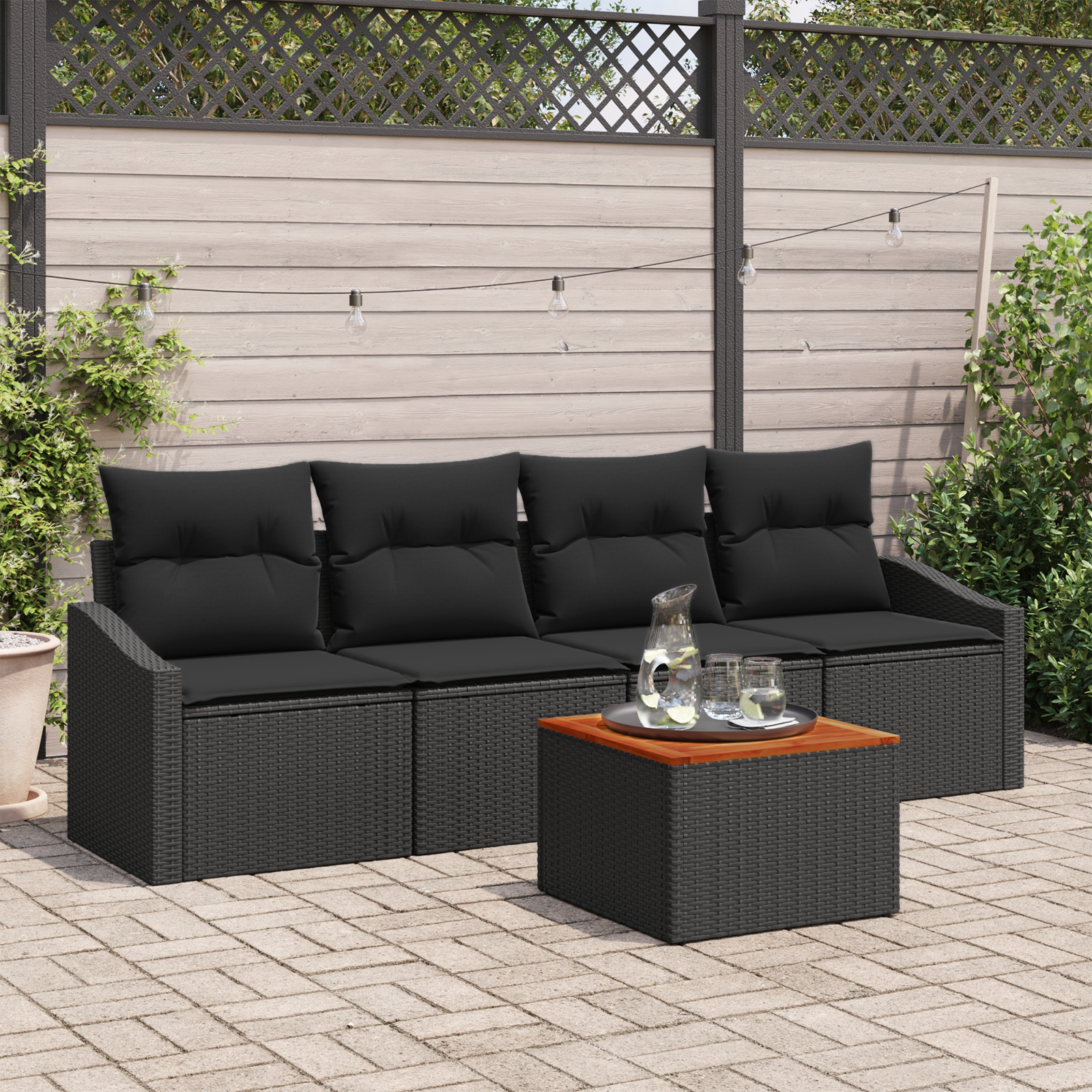 Set di Sofà da Giardino 5 Pezzi con Cuscini Nero Polyrattan Acacia