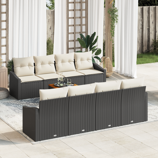 Set di Sofà da Giardino 9 Pezzi con Cuscini Nero Polyrattan Acacia
