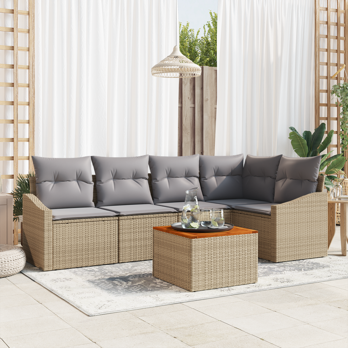 Set di Sofà da Giardino con Cuscini Beige Poly Rattan Acacia