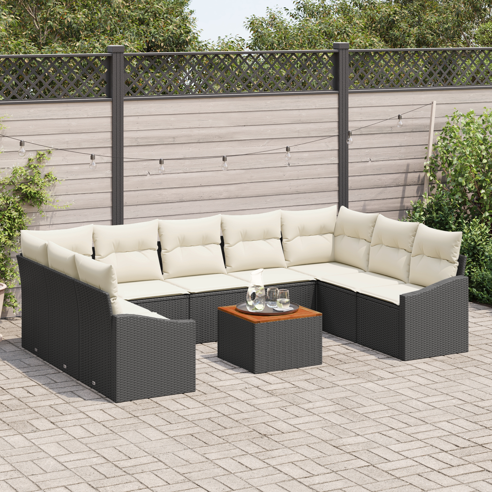 Set di Sofà da Giardino da 10 Pezzi con Cuscini Nero in Rattan Polietilene Acacia