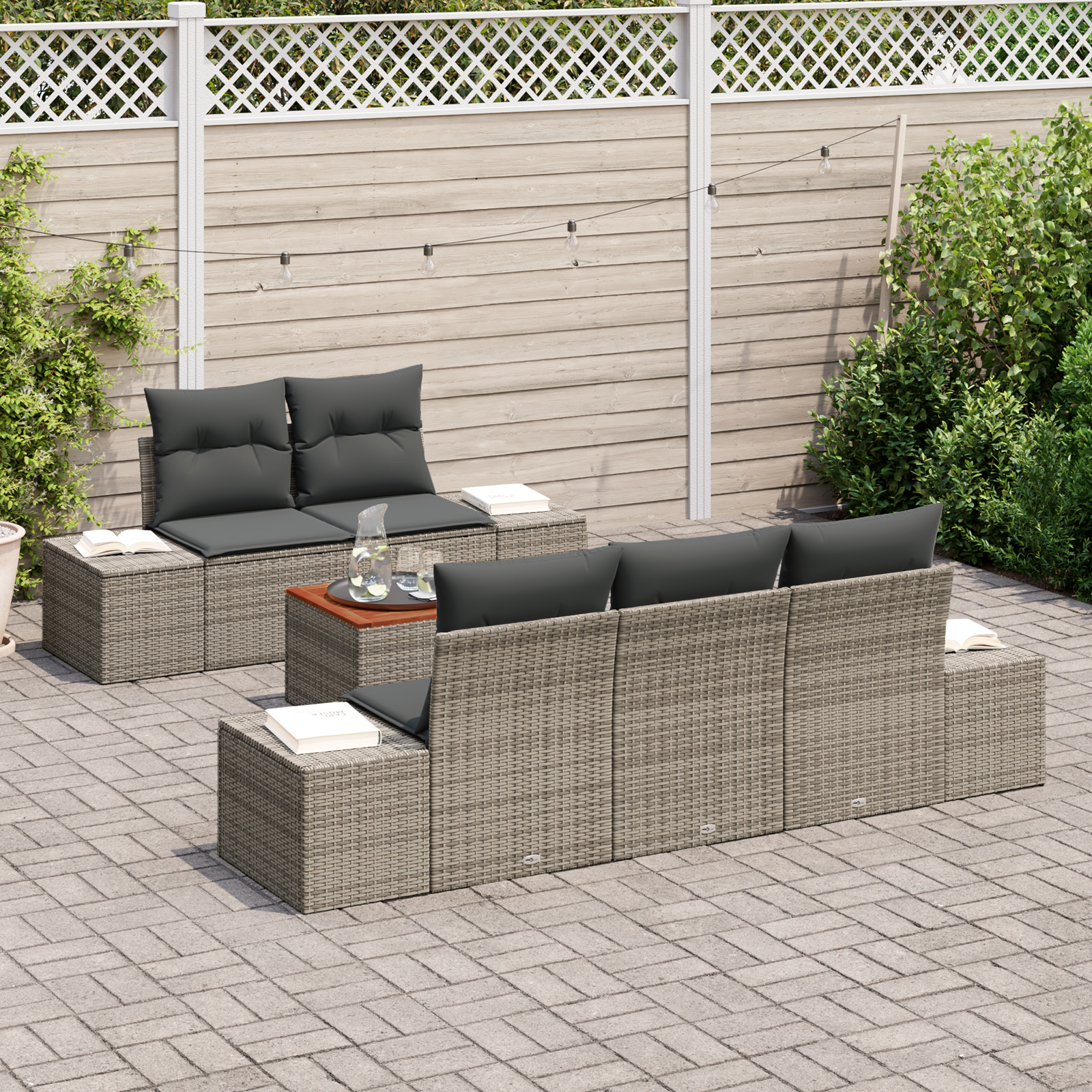 Set di Divani da Giardino 6 Pezzi con Cuscini Grigio Rattan Acacia