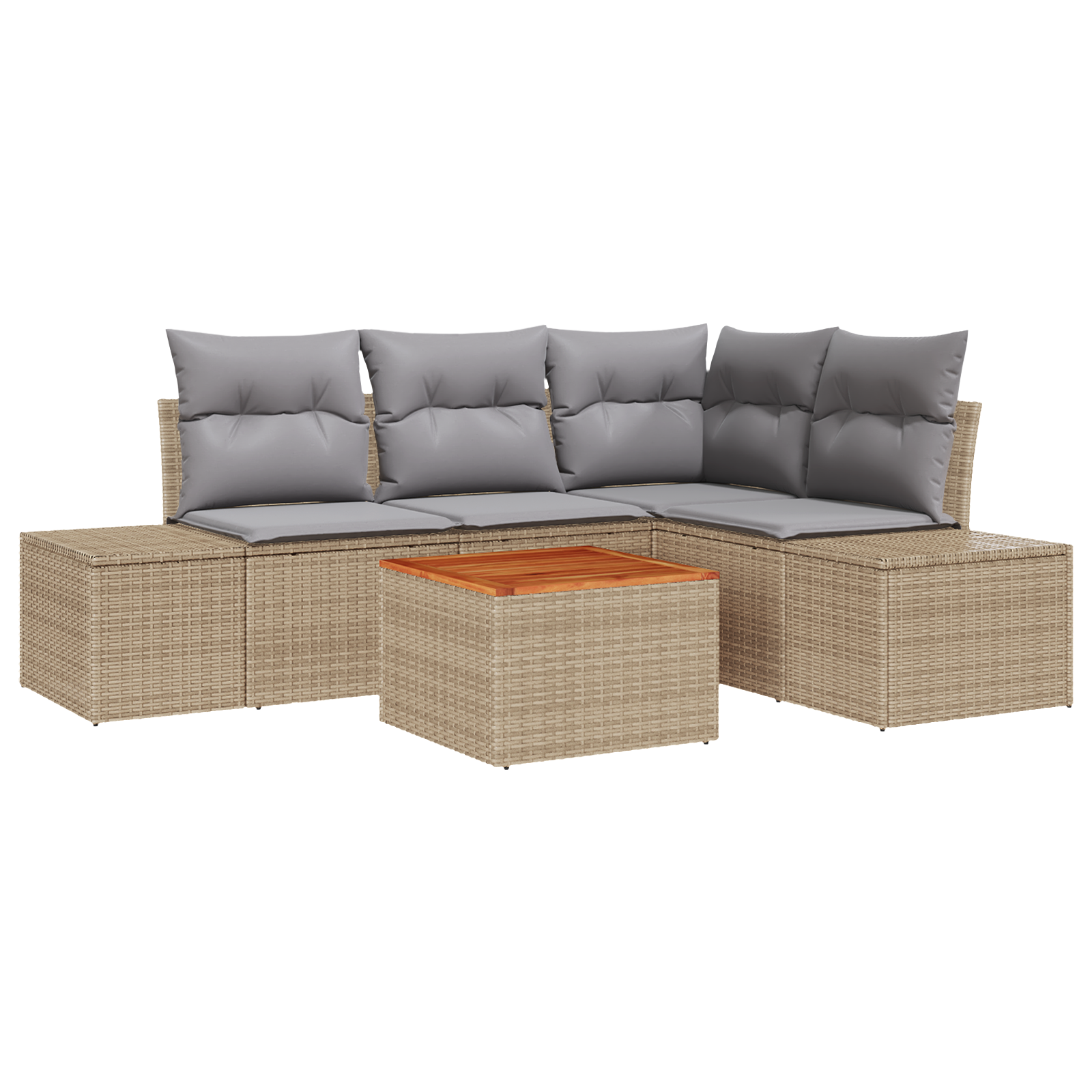 Set di divano da giardino 5 pezzi con cuscini beige in polyrattan e acacia
