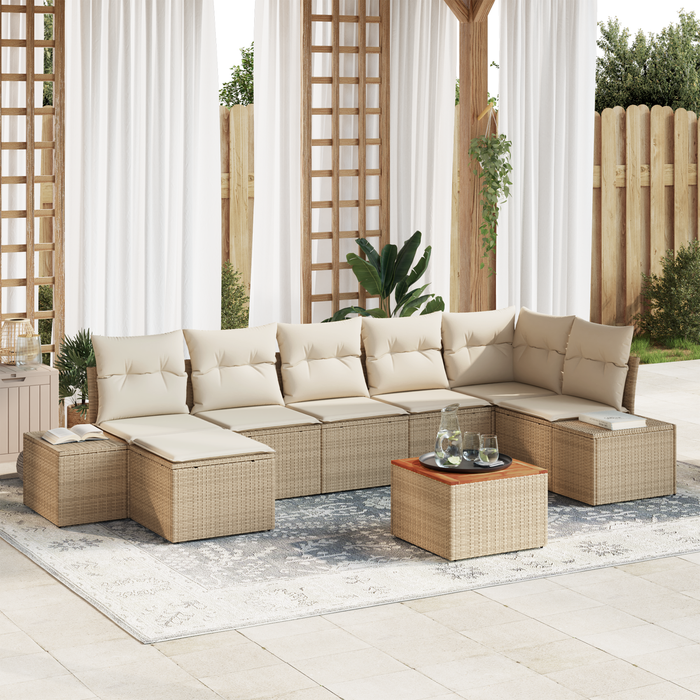 Set di Divani da Giardino 8 Pezzi con Cuscini Beige in Polyrattan e Acacia