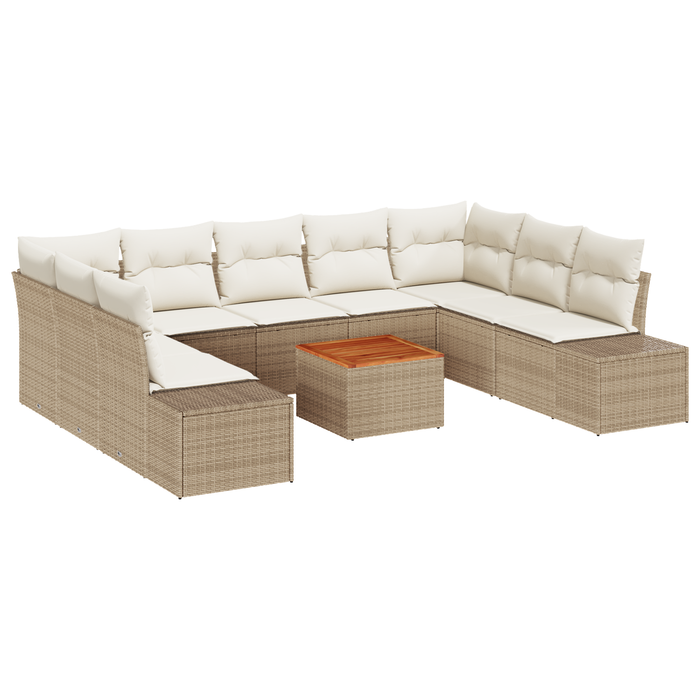 Set Sofà da Giardino da 10 Pezzi con Cuscini Beige Polyrattan Acacia