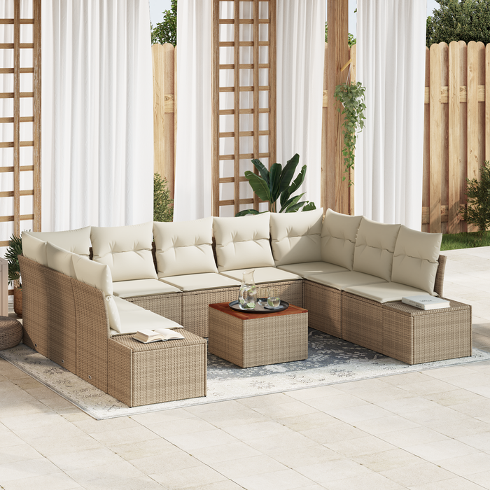 Set Sofà da Giardino da 10 Pezzi con Cuscini Beige Polyrattan Acacia