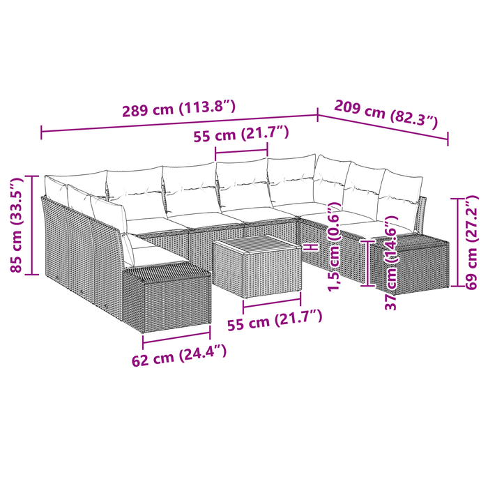 Set Sofà da Giardino da 10 Pezzi con Cuscini Beige Polyrattan Acacia