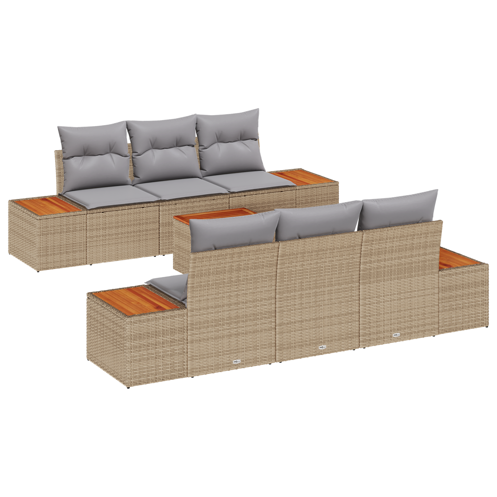 Set Divano da Giardino a 7 Pezzi con Cuscini Beige Rattan Polietilene Acacia