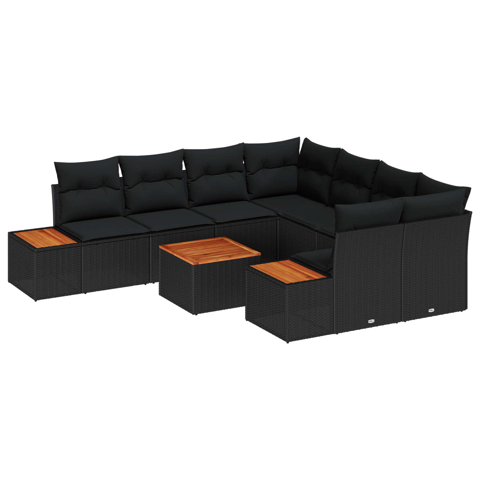 Set di 9 Pezzi di Sofà da Giardino con Cuscini Nero Polirattan Acacia