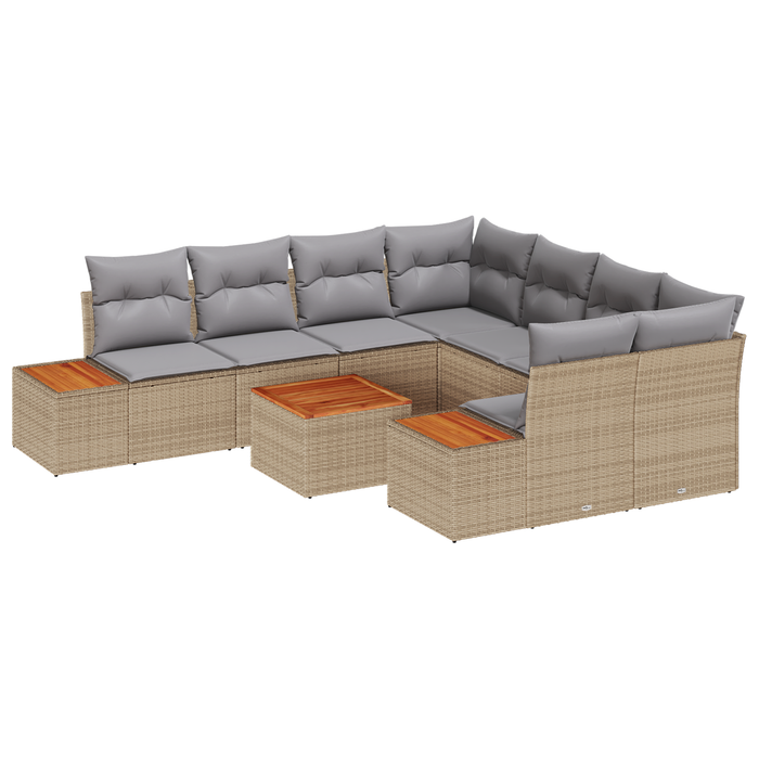 Set Divano da Giardino 9 Pezzi con Cuscini Beige Polyrattan Teak