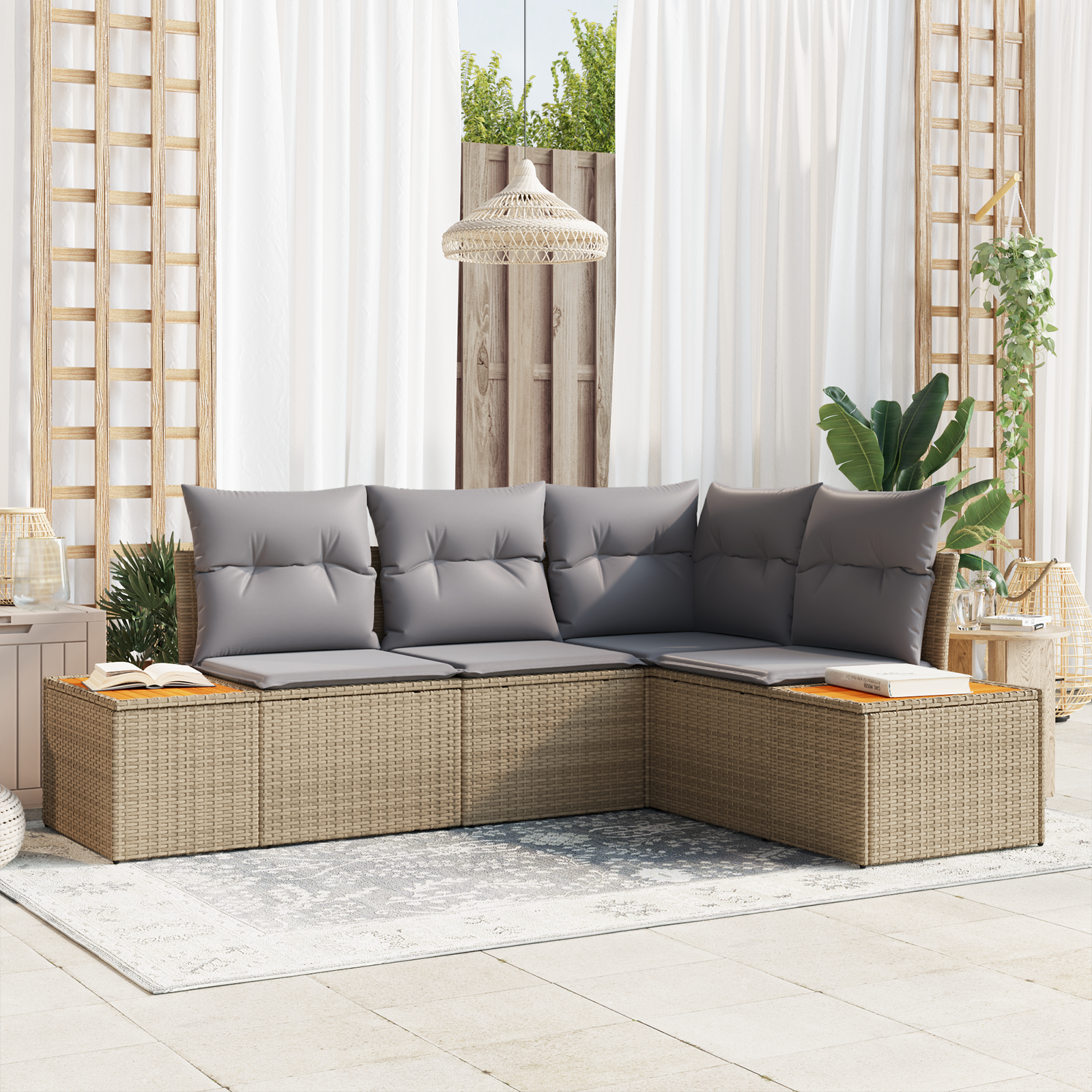 Set di divani da giardino 4 pezzi con cuscini Beige Polyrattan Acacia