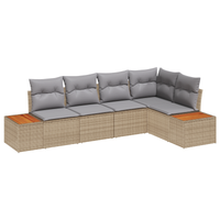Set Divano da Giardino 5 Pezzi con Cuscini Beige Rattan Poli Acacia