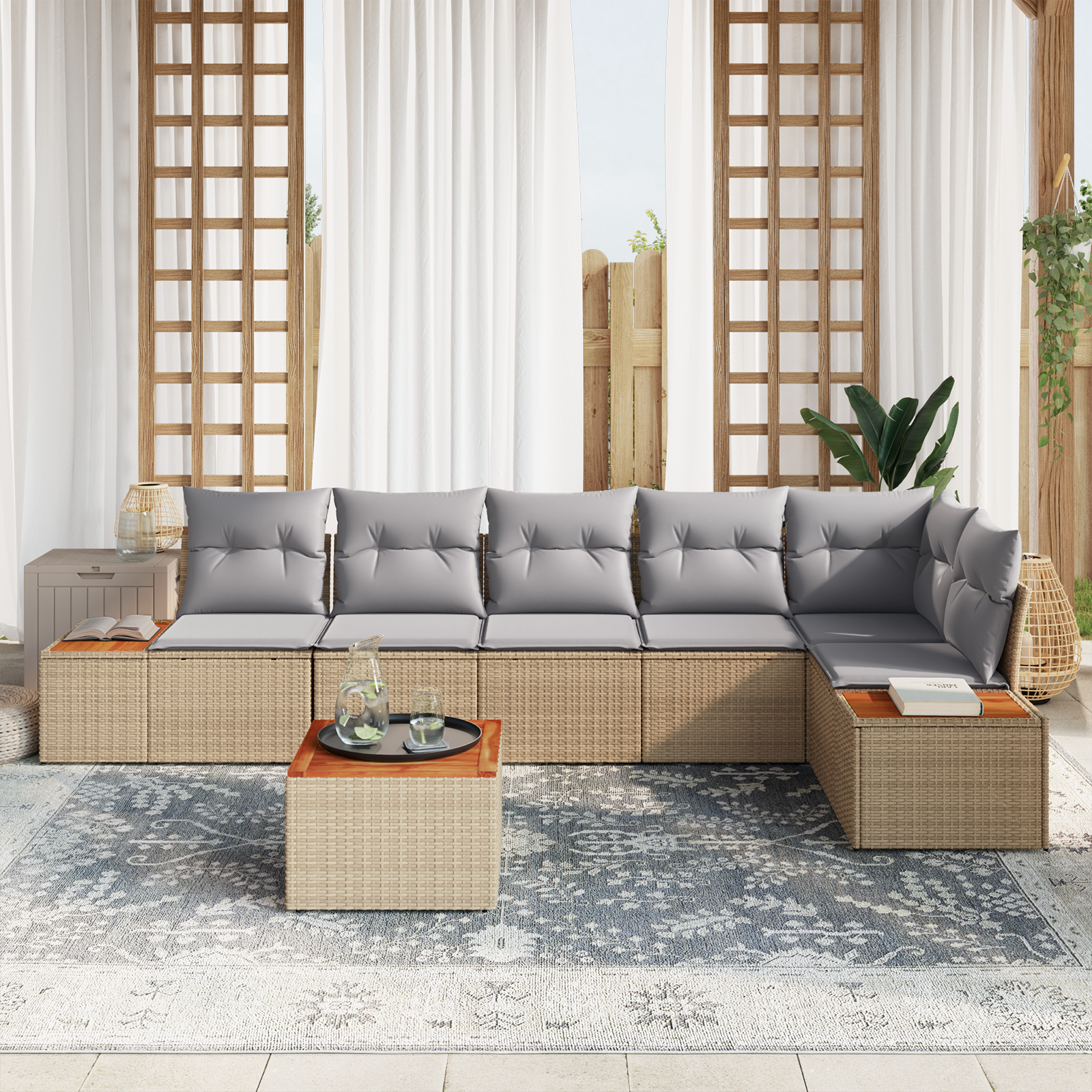Set divani giardino 7 pezzi con cuscini beige in polyrattan e acacia