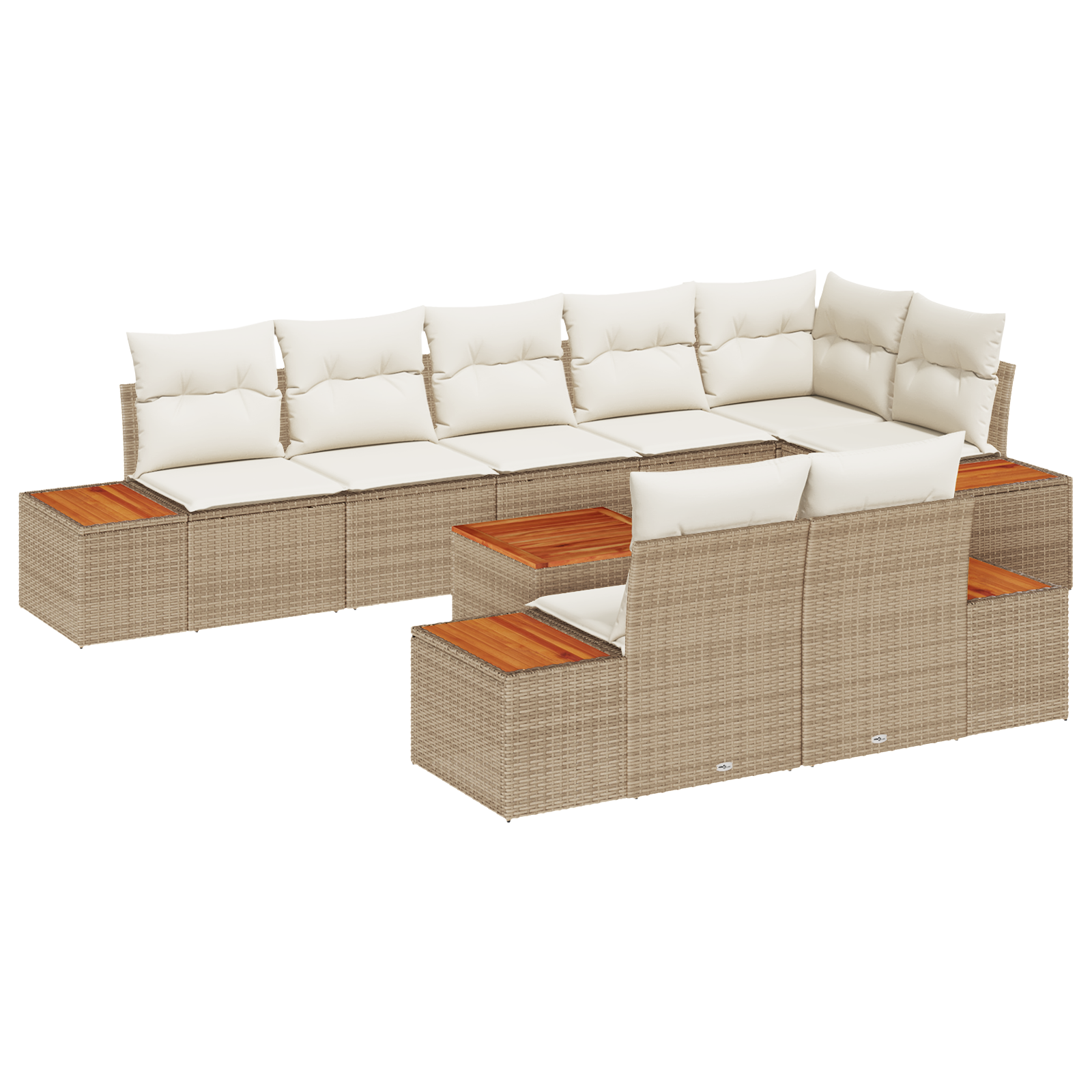 Set divani giardino 9 pezzi con cuscini beige in rattan sintetico e acacia