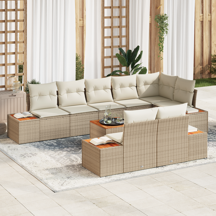 Set divani giardino 9 pezzi con cuscini beige in rattan sintetico e acacia